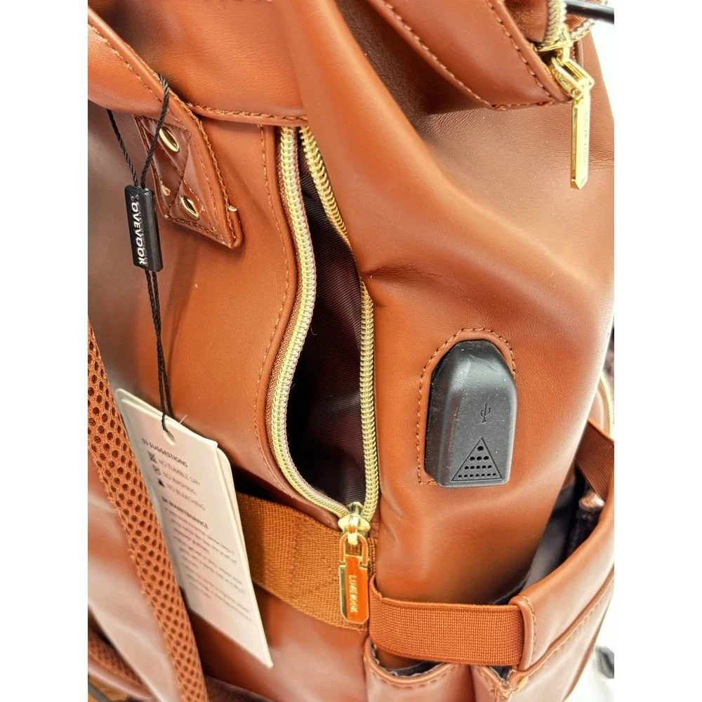 LOVEVOOK Brown Faux Leather Laptop Backpack USB Work Travel‎ Bag Multi Pocket